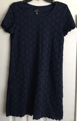 VESTIDO MANGA CORTA RONNI NICOLE AZUL MARINO NAILON ELÁSTICO ENCAJE FORRADO-TALLA S-VG+ ESTADO Foto 1 de 4