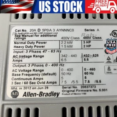 New 20AD5P0A3AYNNNC0 AB PowerFlex 70  2.2kW/3HP 480V 3PH AC Drive US Free Tax - Image 1 of 4