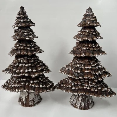 Set of 2 Pinecone Trees 16” Paper Mache Winter Snow Rustic Christmas Decor - Image 1 of 4