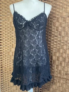 Inner Secrets Women XL Black Lace Slip Chemise Babydoll Ribbon Coquette Sexy - Picture 1 of 9