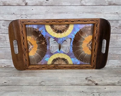 Bandeja de madera mosaico ala mariposa brasileña vintage azul Morpho 16" X 9" Foto 1 de 4