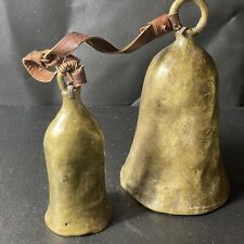 Hammered Brass Primitive Bells African Cow Cattle Heavy Rustic Leather Strap 2pc
