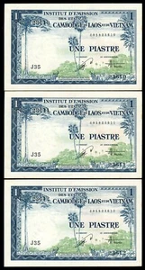 LOTE 3 PIEZAS INDOCHINA FRANCESA 1 PIASTRA 1954 P.105 Número de serie continuo  - Imagen 1 de 2