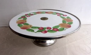 Alte Keramik Tortenplatte Kuchenplatte mit Metall Fuß Spritzdekor? Obst 30,5 cm - Bild 1 von 15
