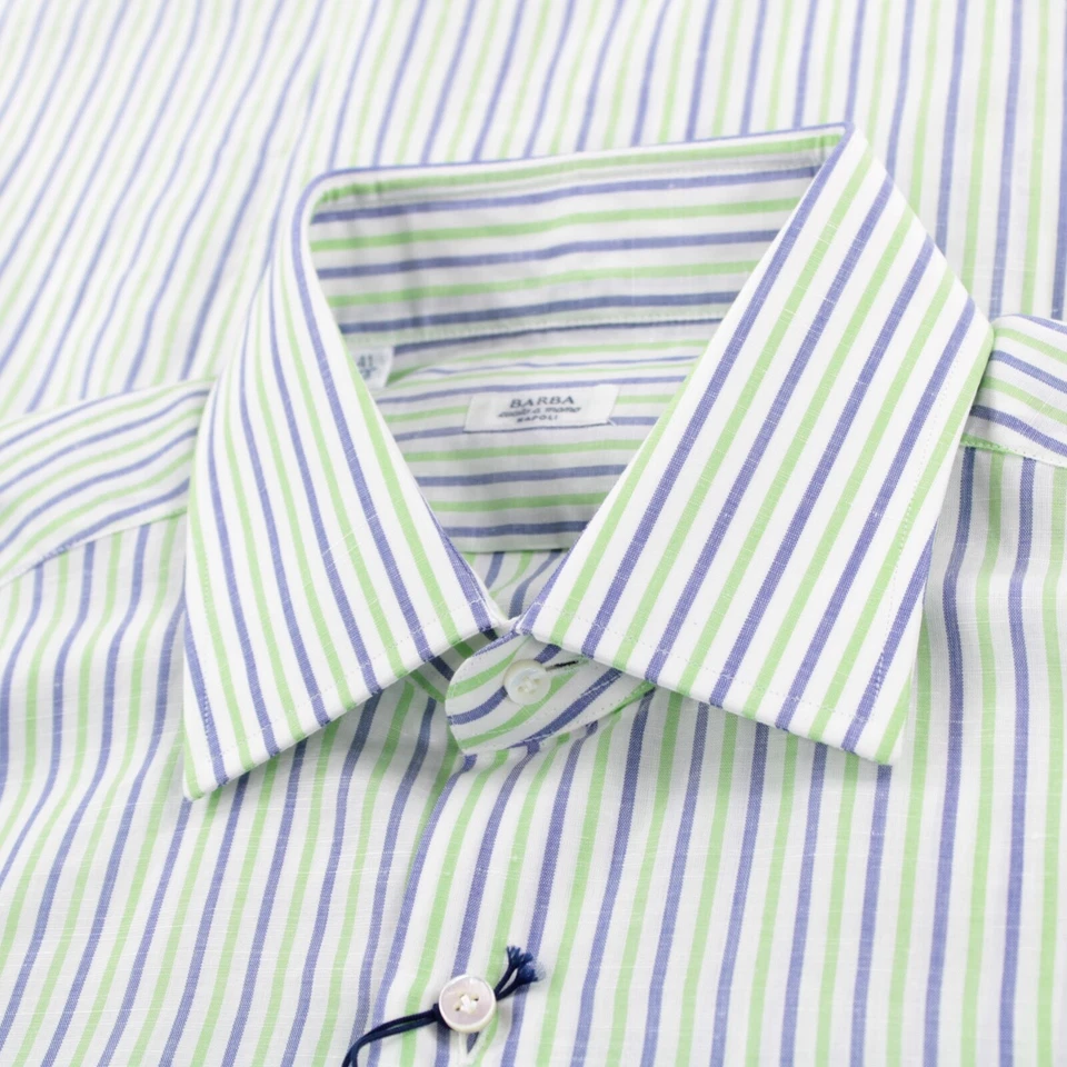 Barba NWT Dress Shirt Size 16 41 Green & Blue w/ White Striped Cotton Blend - Image 1 of 4