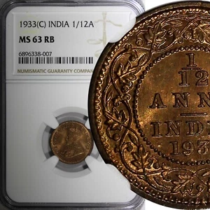 India-British George V Bronze 1933 (C) 1/12 Anna NGC MS63 RB KM# 509 (007) - Picture 1 of 5