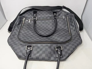 LV Louis Vuitton Black Leather Duffel Bag Checker Pattern 12" x 19" x 10" (UU) - Picture 1 of 18