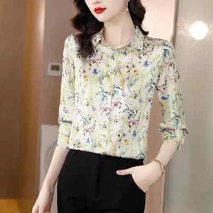 Camicia Maglia Blusa Donna Camicetta Maniche Lunghe Seta Fiori Raso 4 49747 - Foto 1 di 1