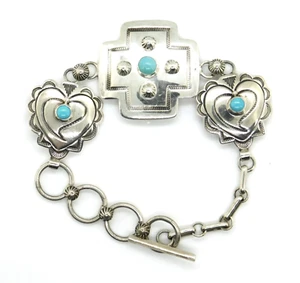 Navajo Kee Nataani 925 Sterling Silver Turquoise Hearts & Cross Toggle Bracelet - Picture 1 of 10