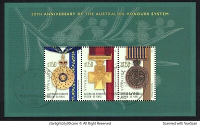 AUSTRALIA 2025 50 YEARS AUSTRALIAN HONOURS SYSTEM SOUVENIR SHEET 3 STAMPS USED - Image 1 of 4