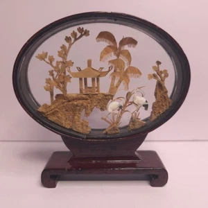VINTAGE CHINESE DIORAMA CORK CARVING GLASS CASE PAGODA TREES & CRANES. - Picture 1 of 5