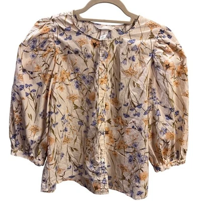 H&M floral poplin blouse large puff sleeve elbow length cottagecore cotton - Image 1 of 4