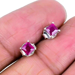 Natural Kashmir Red Ruby Artisan Stud Clip On Boho Earrings 925 Sterling Silver - Picture 1 of 7