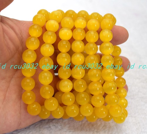 VALENTINO 6 Pz Bracciale Elastico Autentico Naturale 8mm Giallo Opale Occhio di Gatto Gemme Rotonde 7 5"