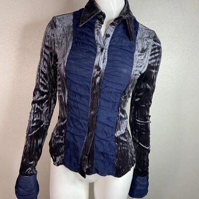 Surrealist Victorian Gray/Blue Crinkle Velvet Blouse Ruched Chiffon Festival M - Image 1 of 4