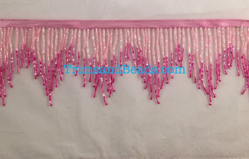 3" LIGHT/HOT PINK Glass BUGLE Beaded CHEVRON  Ombre Fringe Lamp Costume Trim  - Image 1 of 1