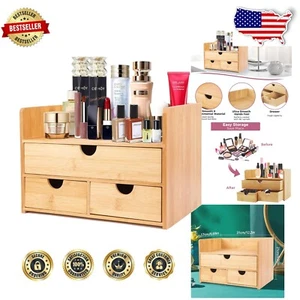Multi-Purpose Bamboo Makeup Organizer with 1 Large & 2 Small Drawers for Beauty - Picture 1 of 9