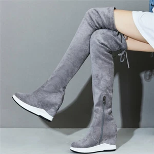 Thigh High Fashion Sneaker Womens Stretchy Wedges Over the Knee Motorcycle Boots - Picture 1 of 25