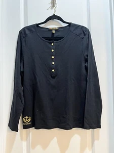 T-shirt vintage Ralph Lauren BlackLabel bottoni oro logo Henley ricamato nero XL - Foto 1 di 6