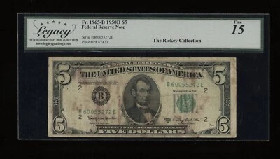 DBR 1950-D $5 FRN New York Fr. 1965-B Legacy 15 Serial B60055272E - Image 1 of 2