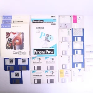 Vintage Apple Macintosh Claris, Personal Press Manual + Floppy Disk Lot 19 Disk - Afbeelding 1 van 16