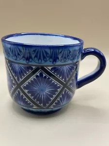 Hand Painted Art Pottery Mug 14 oz Two-Tone Blue Design Signed Boho Fun Festive - Picture 1 of 6