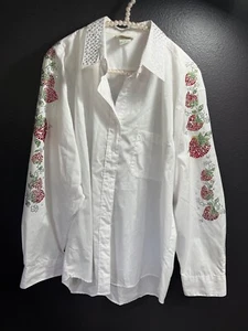 Vtg 90s Womens L Novelty Bling Strawberry Fruit Button Down Shirt Western Chic - Picture 1 of 15
