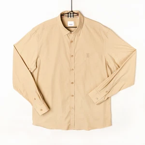 Burberry London England Long Sleeve Shirt XXL Beige Tan TB Logo Plaid Collar - Picture 1 of 11