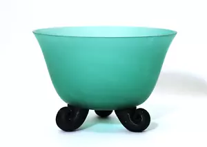 Satin Glass Footed Bowl Teal Blue Green Dish Black Feet - Picture 1 of 5