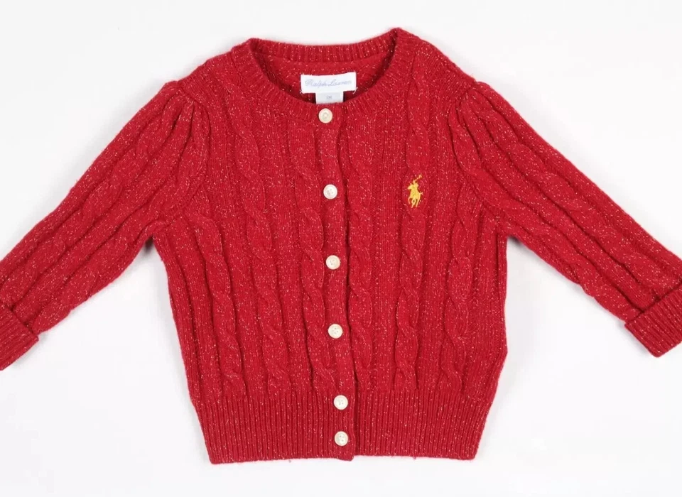 Suéter cardigã Polo Ralph Lauren bebê malha cabo vermelho ouro pônei mistura de lã - Imagem 1 de 4