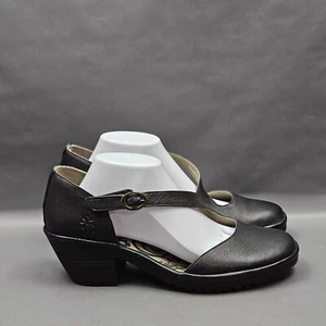 Fly London Wako Sandals Womens 12 Black Leather D'Orsay Block Heel Pumps - Picture 1 of 9