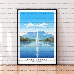 Genfersee Schweiz ungerahmte Illustration Kunstdruck Genfersee Poster - Bild 1 von 2