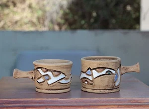 Art Pottery Ceramic Clay Pair of Coffee Cups Custom Made by Artist in Ukraine  - Picture 1 of 5