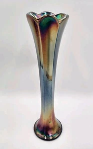 Vintage Fenton 6 Panel Carnival Glass Cobalt Vase 12" Scalloped Rim - Picture 1 of 23