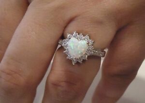HEART SHAPE RING W/ 2.50 CT LAB ACCENTS/OPAL / SZ 5 - 9 / 925 STERLING SILVER