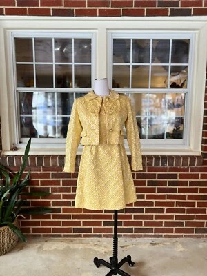 Vintage Gino Charles Yellow Brocade Cocktail Dress & Jacket 1960s - Image 1 of 4