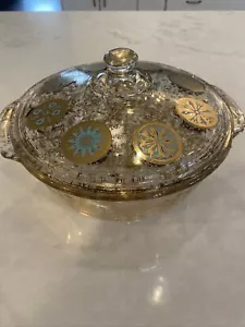 Cazuela medallón de oro y turquesa vintage de 2 quilates Fire King Georges Briard - Imagen 1 de 11