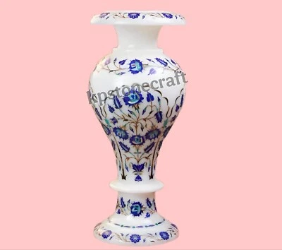 Florero de mármol blanco de 12 pulgadas con incrustación de lapislázuli - Incrustación floral hecha a mano Foto 1 de 4