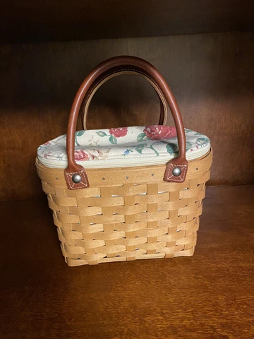Longaberger Small Boardwalk Basket W/ Leather handles, Insert, & Liner excellent Cover