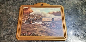 Vintage Wooden Wall Plaque / Hanging S.W.R.R. Train & Horse w/ Buggy Print - Picture 1 of 3