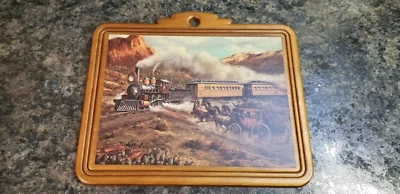 Vintage Wooden Wall Plaque / Hanging S.W.R.R. Train & Horse w/ Buggy Print - Image 1 of 3