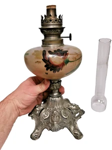 Lampe à Pétrole Piètement art Nouveau Réservoir peint . Antique french oil Lamp - Imagen 1 de 12