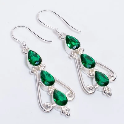 Pendientes de plata de ley 925 hechos a mano con piedras preciosas de diopsido estilo étnico 2,3" W446 Foto 1 de 4