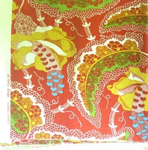 Vintage 1970s cactus flower green orange yellow cotton sewing remnant 84 x 42" - Picture 1 of 3