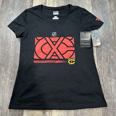 NWT Fanatics NHL Authentic PRO Women's Chicago Blackhawks V-Neck Black T-Shirt S - Image 1 of 4