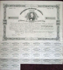 1861 Confederate States of America $1000 bond 38 coupons Ball 93 Criswell 97 - Picture 1 of 5