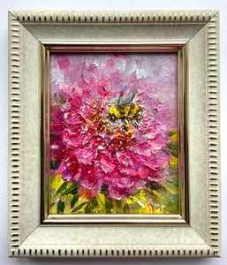 Honey Bee Bumblebee Pink Flowers Painting Framed Original Oil Art 3x2.5 inch - Picture 1 of 6