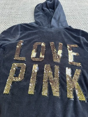 Y2K Victoria’s Secret Pink Black Velour Gold Sequin Bling Hoodie XS Vintage - Image 1 of 4
