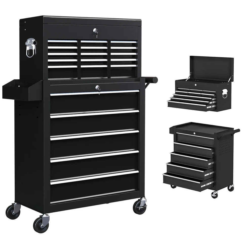 HOMCOM Rolling Tool Chest Lockable Roller Cabinet with with 14 Drawers Black - Image 1 of 4