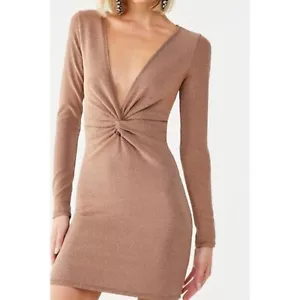 FOREVER 21 Twist-Front Glitter V-Neck Mini Dress Size L Copper Bronze Sparkle - Picture 1 of 5